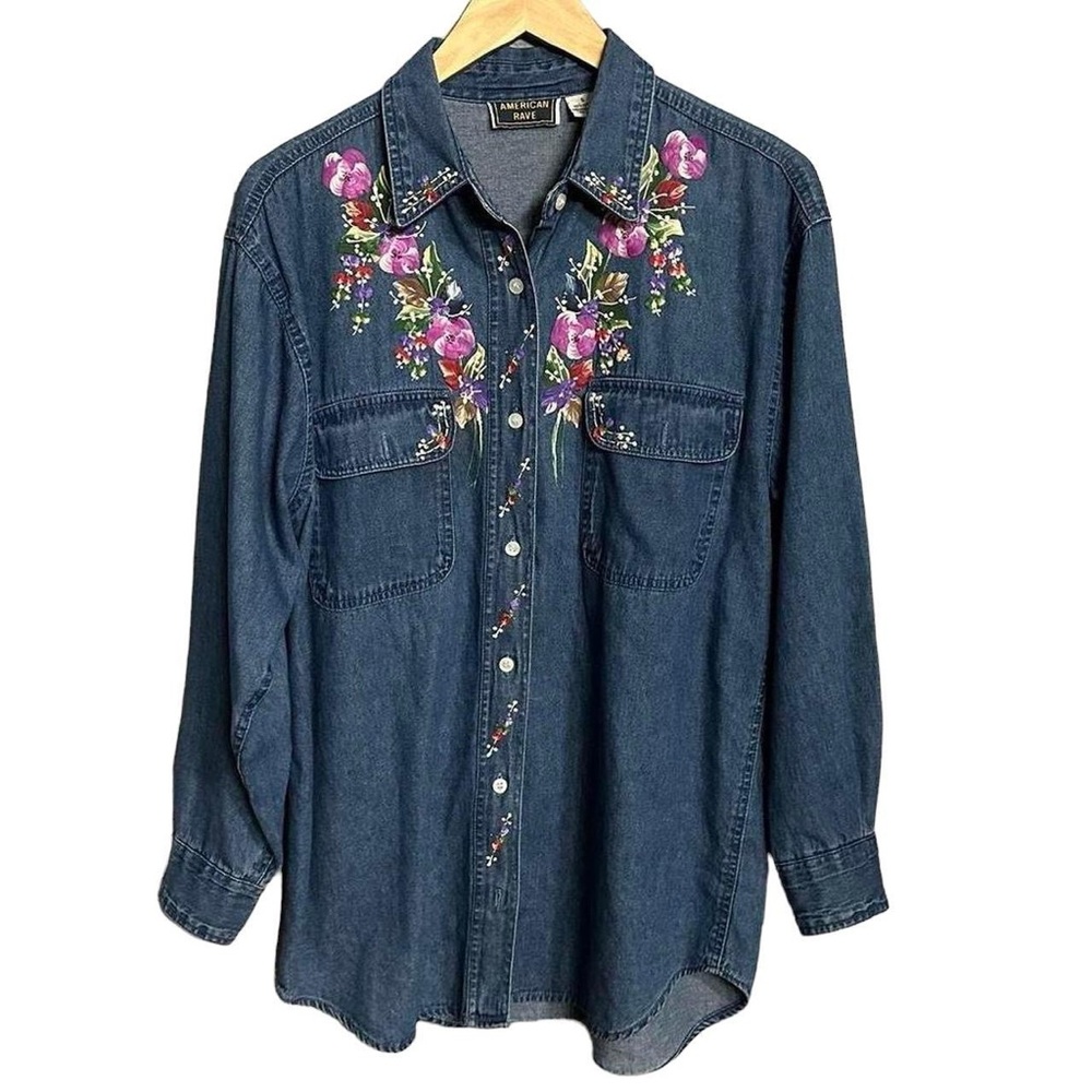 American Rave Floral Denim Button Up Shirt 100% Cotton Oversized Women’s Small